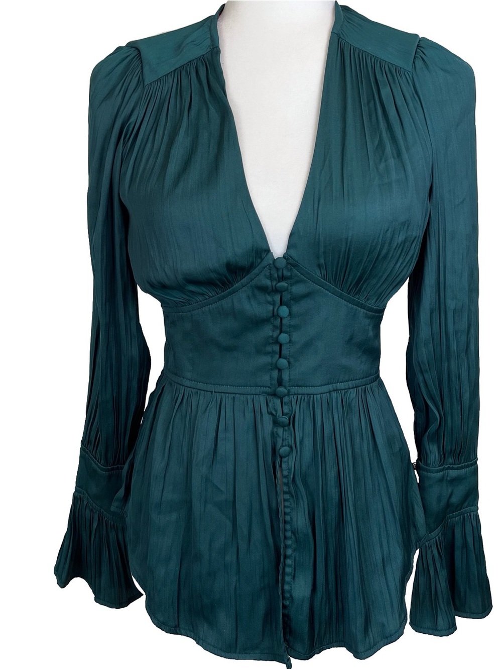 Anthropologie Rich Emerald Green Deep V Tunic Top Dramatic Sleeve Size XXS